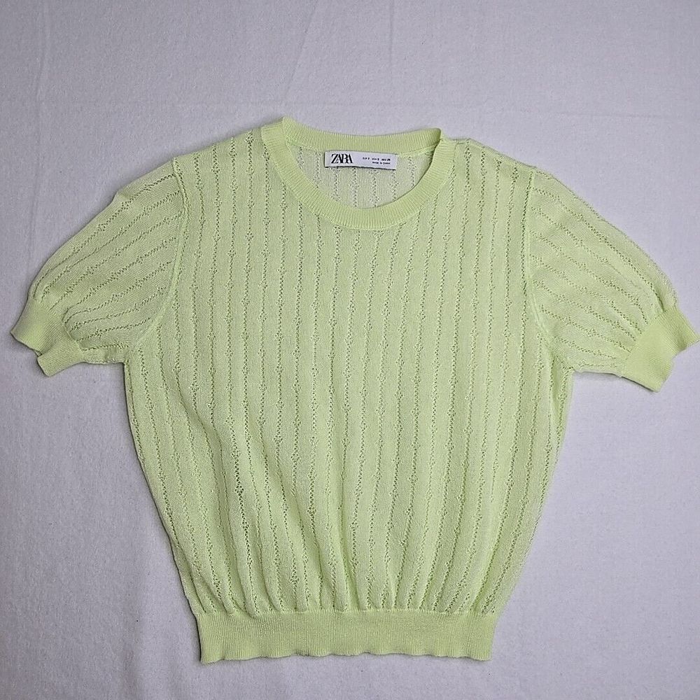 Zara Womens S Lightweight Lime Green Lace Accent Sweater Top Small FINE‎ KNIT - Picture 4 of 9